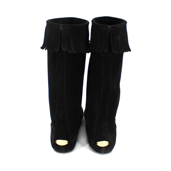 Jimmy Choo Wave Black Suede Fringe Trim Mid-Calf Moccasin Boots 37.5 Round Flats - Picture 4 of 7